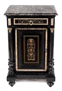 A Victorian Mother-of-Pearl and Brass Inlaid Night Cabinet Height 32 x width 21 x depth 17 inches.