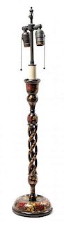 A Polychrome-Decorated, Ebonized and Carved Wooden Candlestick Form Lamp Height 31 1/2 inches.