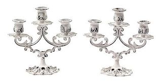 A Pair of Painted Cast Metal Three-Light Candelabra Height 6 1/2 inches.