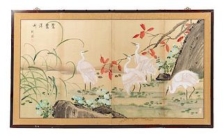 A Japanese Scroll Painting Height 29 x width 54 inches.