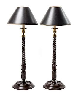 A Pair of Mahogany Treen and Brass Candlestick-Form Table Lamps Height 20 3/4 inches.