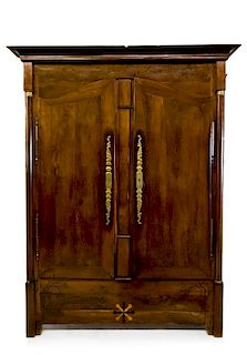 A French Provincial Inlaid-Walnut Corner Cabinet Height 84 x width 66 x depth 40 inches.