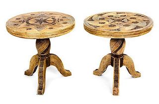 A Pair of Rattan and Twig-Inset Low Tables Height 22 x diameter 22 inches.