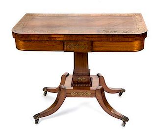 A George IV Brass Inlaid Rosewood Games Table Height 29 1/2 x width 35 1/2 x depth 17 3/4 inches.