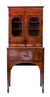 A Regency Mahogany and Line-Inlaid Secretary Cabinet-On-Stand Height 77 x width 33 1/2 x depth 18 inches.