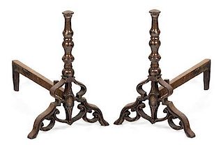 A Pair of Baroque Style Silvered Steel Andirons Height 15 inches.