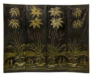 A Painted Leather Four-Panel Screen Height 75 x width 23 inches (each panel).