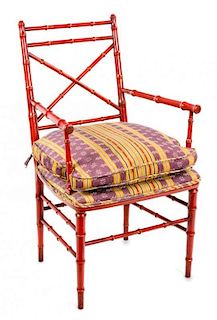 A Regency Style Red-Painted and Parcel Gilt Bamboo Molded Armchair Height 37 3/4 inches.