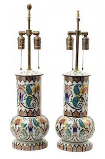 A Pair of Polychrome and Gilt Persian Style Lamps Height of first 25 3/4 inches.
