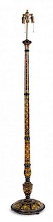 A Polychrome-Decorated and Ebonized Carved Wooden Floor Lamp Height 74 inches.