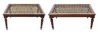 A Pair of Regency Style Mahogany and Brass Inset Low Tables Height 19 x width 31 x depth 38 3/4 inches.
