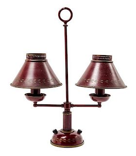 A Red and Gilt-Decorated Tole Two-Light Lamp Height 19 inches.
