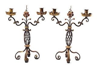 A Pair of Baroque Style Cast-and-Painted-Iron Candelabra Height 16 inches.