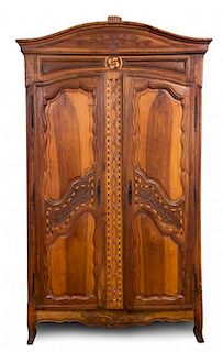 A French Provincial Inlaid Walnut and Fruitwood Armoire Height 100 x width 58 x depth 25 inches.