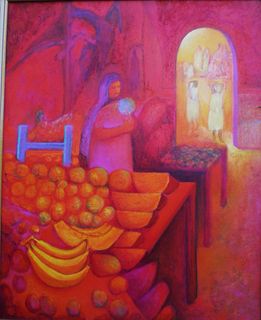 Jorge Ochoa (Mexico, b. 1950) Vendedora en Rojo, 1998, acrylic on linen, 19.7 x 29.5 in.