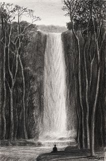 Tomas Sanchez (Cuba, b. 1948) Waterfall/Cascada, 2007, charcoal on paper, 18 x 12 in.