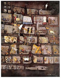Bruno Widmann (Uruguay, 1930-2017) La Muestra, 2008, acrylic on canvas, 60 x 45 in.