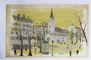 Charles Levier (United States-France, 1920-2003) Church, gouache on paper, 20 x 28 in.