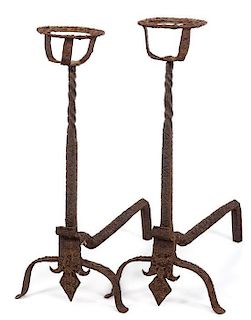 A Pair of Baroque Style Cast-Iron Andirons Height of tool stand 28 inches.