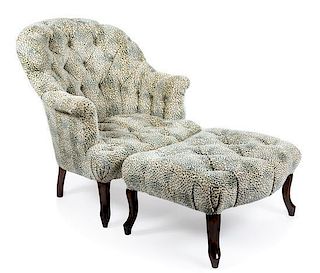 A Leopard Print-Upholstered Club Chair and Ottoman Height of first 34 inches.