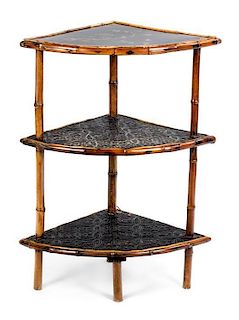 A Victorian Black Lacquered and Bamboo Three-Tiered Corner Etagere Height 32 x width 16 x depth 16 inches.