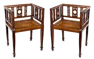 A Pair of Marble-Inset Hardwood Armchairs Height 30 inches.