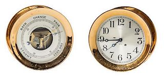 A Chelsea Brass Wall Mounted Clock and Matching Holosteric Barometer Diameter 10 1/2 inches.