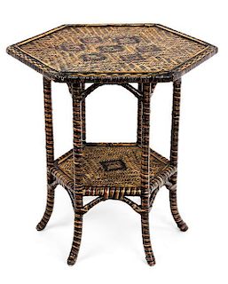 A Hexagonal Rattan Table Height 29 1/2 inches.