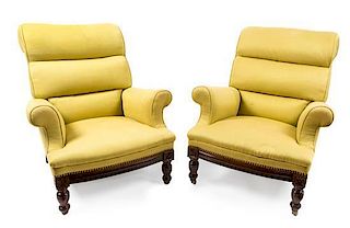 A Pair of Yellow and Green Upholstered Mahogany Club Chairs Height 32 inches.