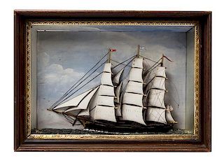 A Shadow Box of a Three-Masted Schooner Height 18 x width 25 inches.