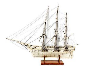 An American Bone Model of a Three-Masted Colonial Schooner, Halifax, 1768 Height 32 inches.