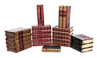 (LITERATURE) A group of collected leather-bound literary works. 59 vols.