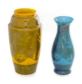 * Two Czechoslovakian Glass Vases Height of taller 8 1/4 inches.