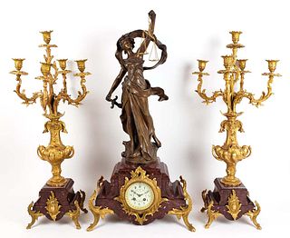 19th C. Aug. Moreau 3 Pc. Figural Bronze & Rouge Marble Clockset