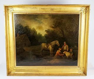 18th C. George Morland Signed Oil on Canvas "Farm Scene"
