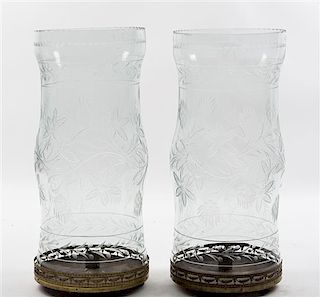 A Pair of Large Etched Glass Hurricanes Height 21 inches.