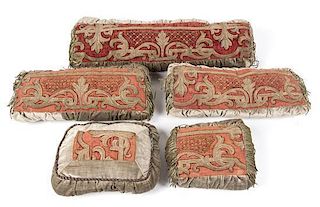 A Group of Five Embroidered Velvet Pillows Width of widest 29 inches.
