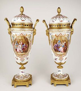 Pair of 19th C. Sevres Porcelain and Bronze Lidded Vases