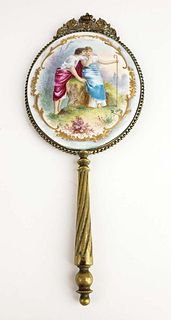 19th C. French Handpainted Enamel, Porcelain and Bronze Hand Mirror Signed