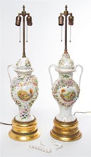 * A Pair of Continental Porcelain Covered Urns Height 16 inches.