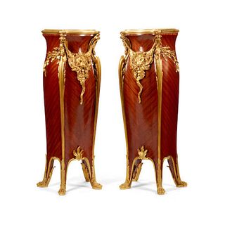 Pair of Large 19th C. Louis VV Style Gilt Bronze Mounted Mahogany Pedestals