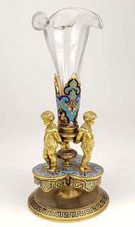 19th C. French Champleve Enamel & Bronze Figural Vase