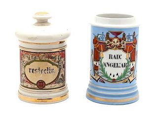 Two Continental Porcelain Apothecary Jars Height of taller 11 inches.