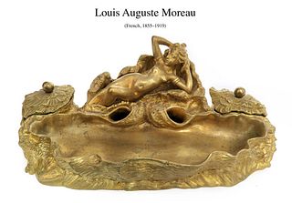 19th C. Nude Figural Bronze Inkwell Signed Louis Moreau