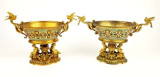 Pair of 19th C. French Champleve Enamel & Bronze Figural Tazzas
