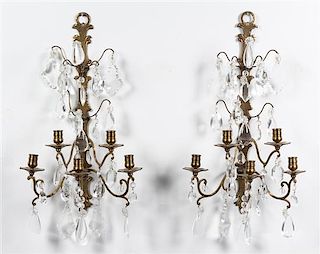 A Pair of Dutch Brass Five-Light Sconces Height 27 inches.