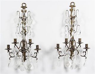 A Pair of Dutch Brass Five-Light Sconces Height 27 inches.