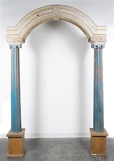A Carved Pine Garden Arbor Approximate width 72 1/2 inches.