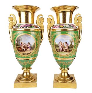 Pair of 19th C. Paris Porcelain & Bronze Vases