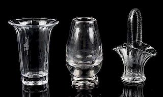 A Collection of Three Glass Vases Height of tallest 9 1/2 inches.